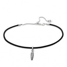 PANDORA Feather Silver, black leather and clear cz 38cm