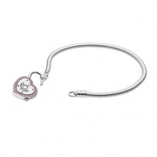 PANDORA Snake chain Silver logo padlock clasp/fancy fuchsia pink cz 18cm